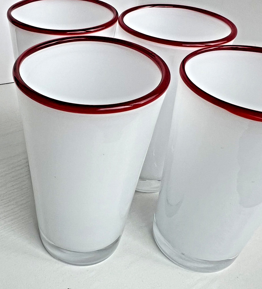Villeroy Boch Cased Glass Tumblers Set 4 Red Rim Hand Blown White 6in Cups