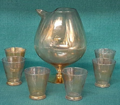 Rare MCM Dorothy Thorpe Gold Fleck Footed Roly Poly Drink Pitcher w/ 6 Glasses