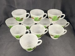 VTG Set 11 Gay Fad Green Ivy Punch Cups Frosted Hazel Atlas Federal Glass