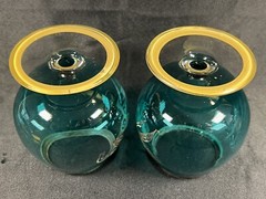 VTG SET 2 BOHEMIAN SILVER OVERLAY SMOKY GREEN BRANDY COGNAC SNIFTERS BIRD WOLF