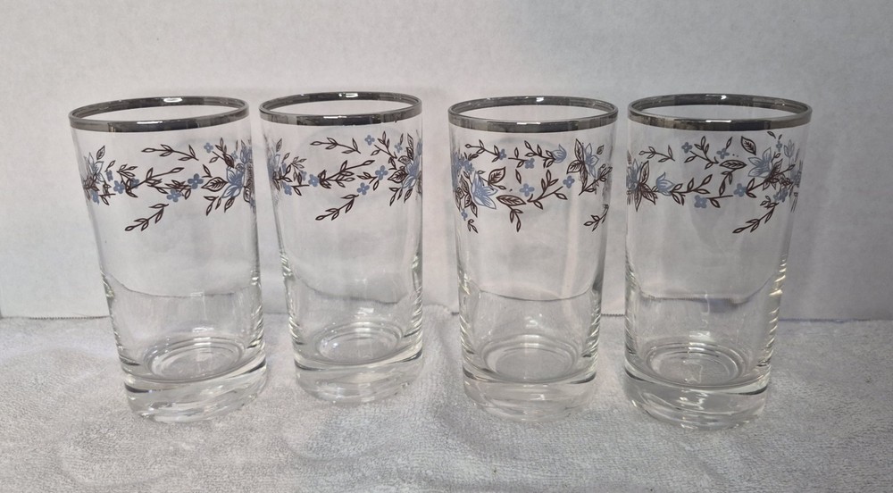 Vintage Mid Century Modern Tumblers Set Of 4 Clear with Blue Flowers Silver Rim
