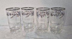 Vintage Mid Century Modern Tumblers Set Of 4 Clear with Blue Flowers Silver Rim