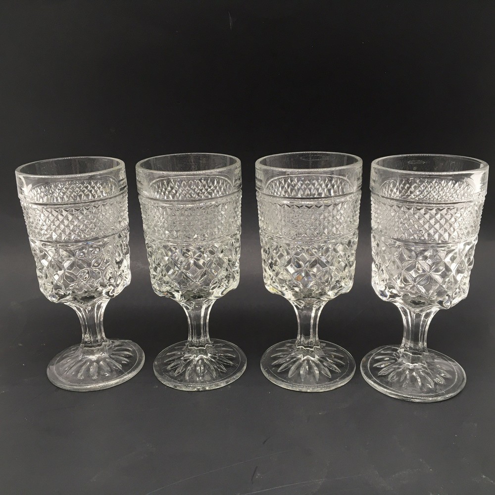 Set of 4 Wexford Anchor Hocking Water 6 5/8” Goblet Diamond Cut Stemmed Vtg