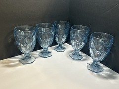 Fostoria Glass Co USA Moonstone Blue Iced Tea Glasses Set Of 5! Barware Vintage