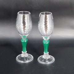 Set of 2 Signed Hand Blown Vtg Studio Art Glass Wine Champagne Glasses Green