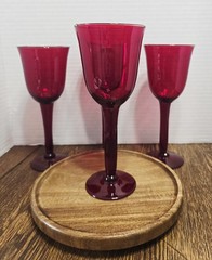 Set of 4 Ruby Red Hand Blown Wine Goblets Mid-century Stemware 8 1/2 Inches Tall