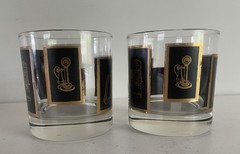 Vintage Set of 2 Telephone Lowball Glasses Retro Barware Tumblers Black Gold