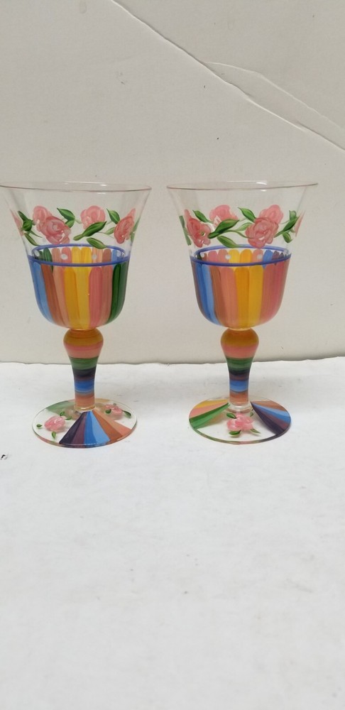 2 ART GLASS MULTICOLOR HAND PAINTED FLORAL STRIPES WINE GLASSES