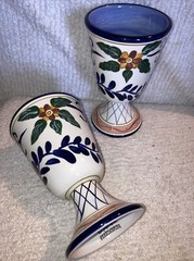 TALAVERA Mexican Pottery 2 PC Large Wine Chalice Goblets Hand Painted Vintage EC