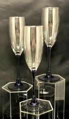 Champagne Flutes Clear Glass Bowl Amethyst Lavender Purple Pulled Stem THREE (3)