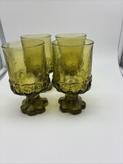 4 Tiffin Franciscan Madeira Olive Green Footed Uranium Glass Goblets 5.5 In