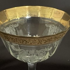 Tiffin-Franciscan clear optic crystal with a gold-encrusted band rim. Set