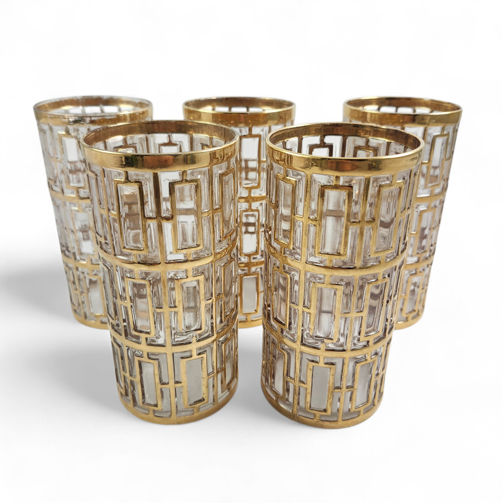 Vintage Imperial SHOJI Trellis 5 Tumbler Glasses 22K Gold Cocktail MCM AS IS