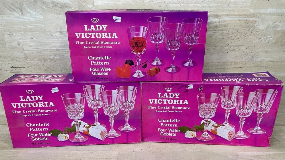 Lady Victoria Chantelle 8 Goblets & 4 Wine Glasses Crystal France 12pc Mixed Lot
