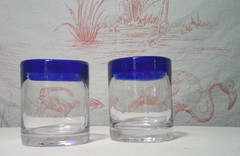Mexican Art Glass Tumblers Two Cobalt Blue Rimmed Handcrafted 2 1/2 inches