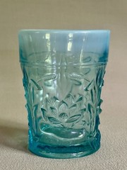 Antique Fenton Blue Opalescent Glass Tumbler ‘Waterlily & Cattail’ Pattern