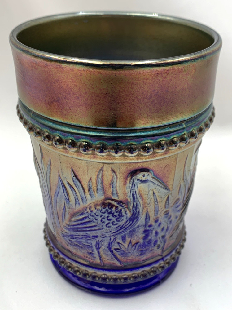 Vintage Blue Dugan Carnival Glass Stork & Rushes Pattern 4″ Tumbler