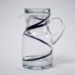 Handblown Clear and Black Stripe Glass Bedside Water Carafe Pitcher and Glass