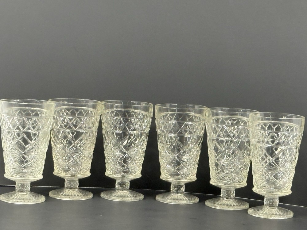 Set of 6 Clear Pressed Glass Water Goblets Diamond Pattern 5¾” Footed 10.7 Oz
