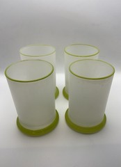 Set of 4 Vintage Frosted Glass Tumblers Green Rim & Base Mid-Century – 5” MCM