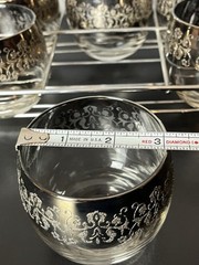 Vintage Roly Poly Bar Ware Heavy Silver Band Iridescent Set 6 Glasses Scroll