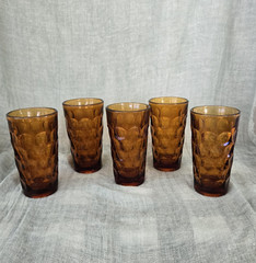 Vintage Set 5 Imperial Thick Heavy 6″ Glasses Thumbprint Amber Honeycomb Dimple