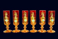 6 Murano Tre Fuochi Ruby Red 24k Gold Cordial Liqueur Shot Glasses VTG 4.5″