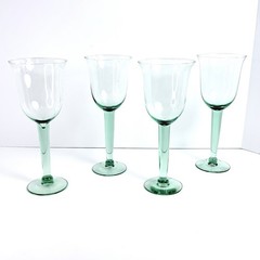 4 Vintage Mexican Recycled Hand Blown Glass Sea Green Wine Water Goblet 9.5”