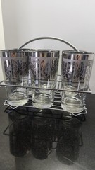 Vtg Silver Ombre Highball Glasses Set Of 6 Frosted Leaf & Grapes With Caddy