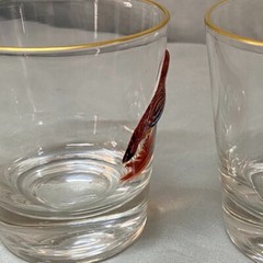Vtg MCM Handpainted 3D Enamel Pheasant Gold Rim Old Fashion Tumbler Bar Glasses
