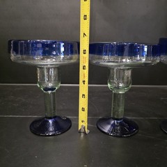 Set 3 Blue Art Glass Goblets 6.5″ Pedestal Cocktail Dessert Cups Vintage