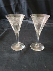 2 Vintage Delicate Hexagon Stemmed Sherry Goblets 5 inches w/ flowers and leaves