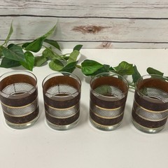 4 Georges Briard Brown Faux Marble Gold Bands Double Old Fashion Cocktail Glass