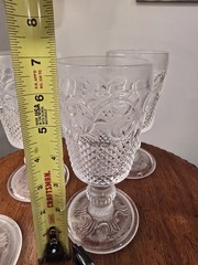 Vintage Clear Wine Water Goblet Glasses Pressed Embossed Scroll Diamond Pattern