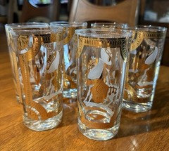 Vintage Fred Press Tang Trojan Horse Highball Glasses Set 6 White Gold MCM