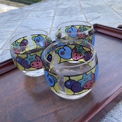 3 Vtg 70s Roly Poly Stained Glass Cocktail Glasses Berries Mid-Century Libbey 3″