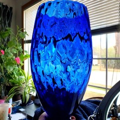 Large Empoli Cobalt Blue Glass Goblet with Optic Pattern 12″ Tall Twisted Stem