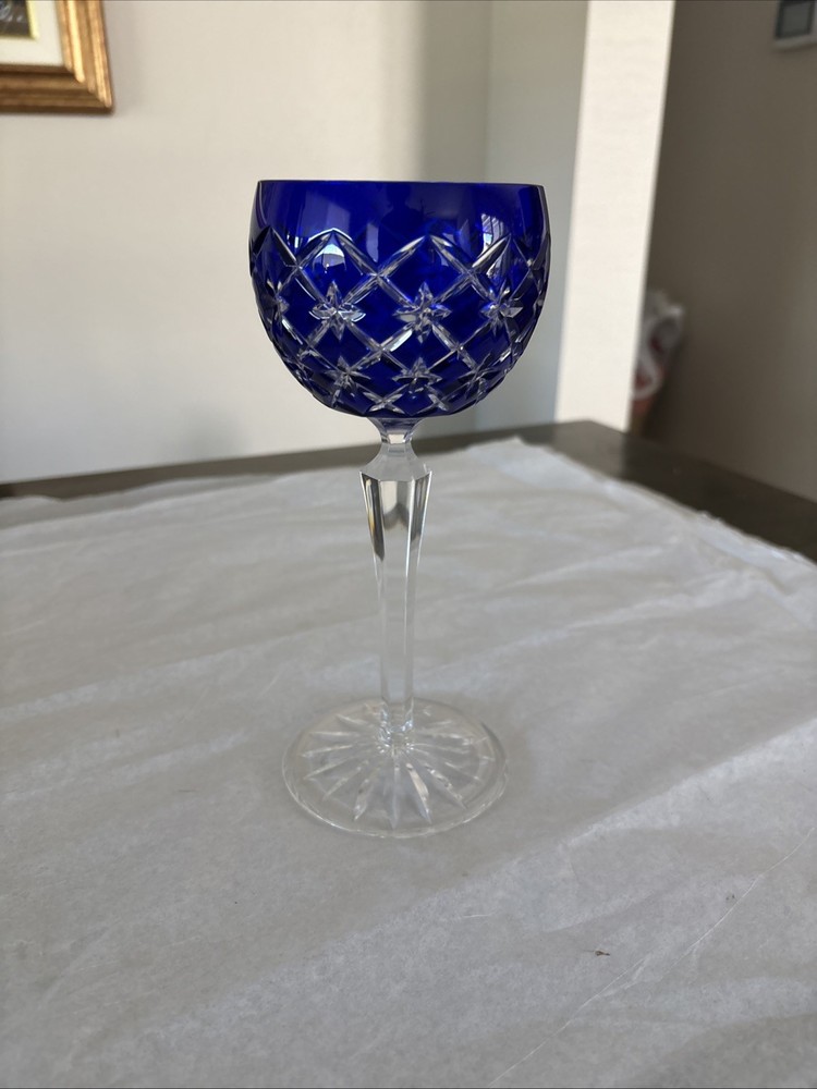 ROYAL BLUE BOHEMIAN CUT WINE GLASS 8 OZ