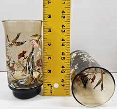 10) Yvette Perrin Dogwood Tumblers Set Vintage Smoke Brown Bird Floral Retro Lot