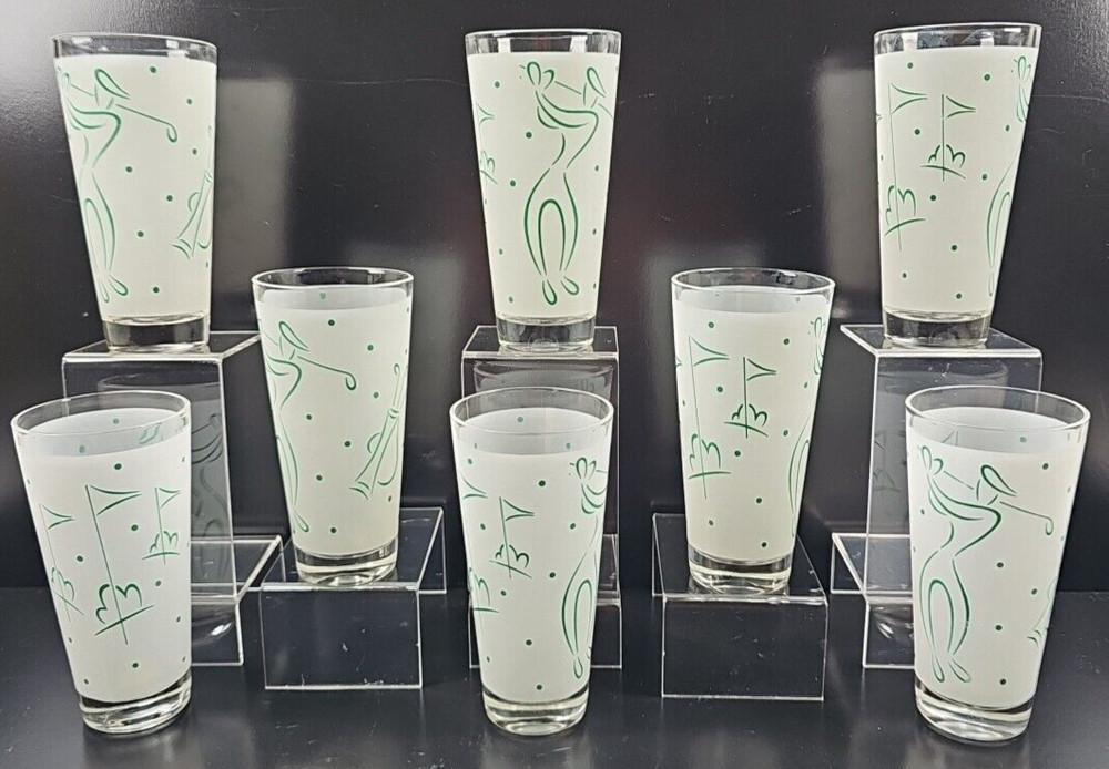 (8) Hickok Golfer Tumbler Glasses Vintage Green White Frosted Sport MCM Gift Lot