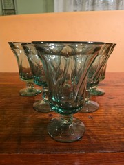 Set of 6 Fostoria Jamestown Swirled Water Goblet / Footed Tumbler Green 6″ Tall