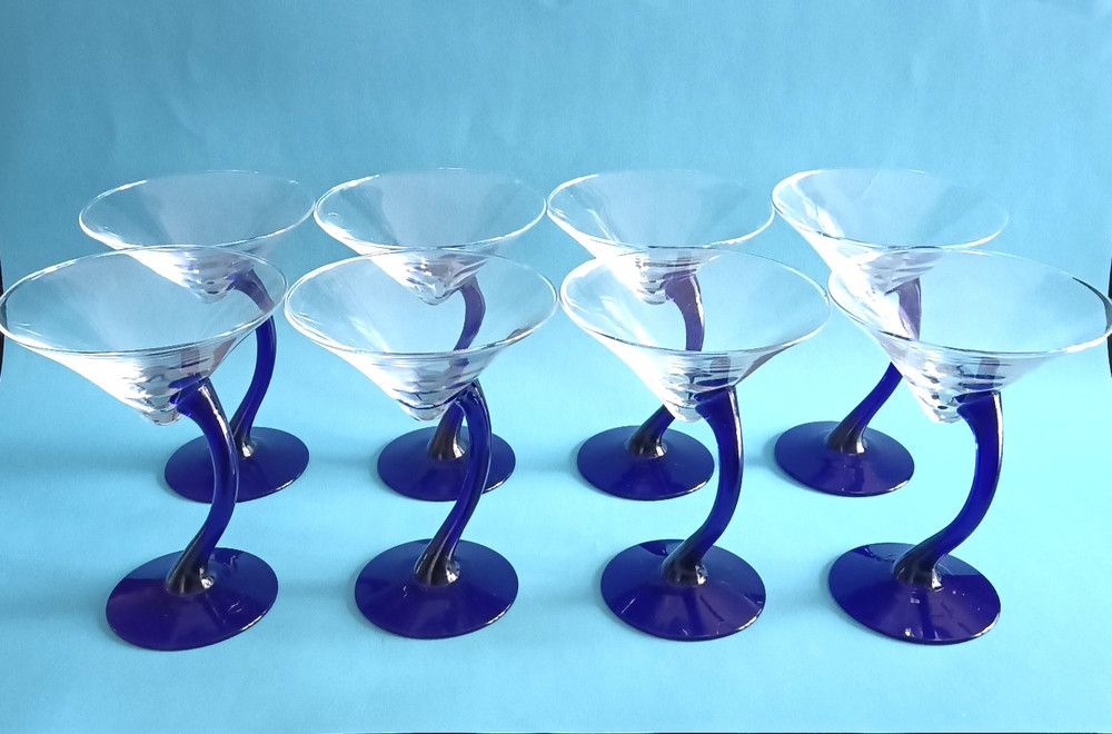 Vintage Libbey Bravura Martini Cocktail Cobalt Blue Curved Stem Glasses Set