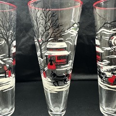 Set Of 3 Vintage Libbey Pilsner Glasses Farm Country Winter Snow Scene