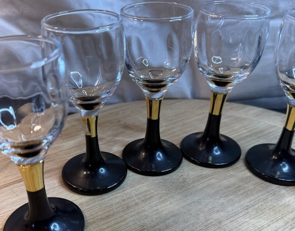 Vintage Rocco Bormioli Black Stem Cordial Wine Glasses Gold Accent Set Of 6