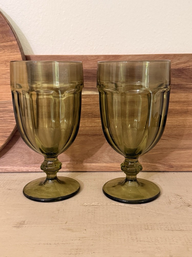 LIBBEY GLASS COMPANY SET OF 2 OLIVE GREEN 16 OUNCE ICE TEA GOBLETS