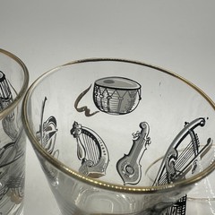 3 Vintage Libbey Musical Instruments Glass Tumblers Clear Black Gold Barware