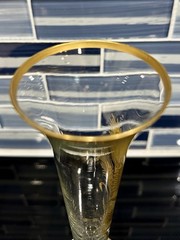 MCM Vintage Fluted 10” Footed Bud Vase Clear Glass Gold Wheat Design Gold Trim