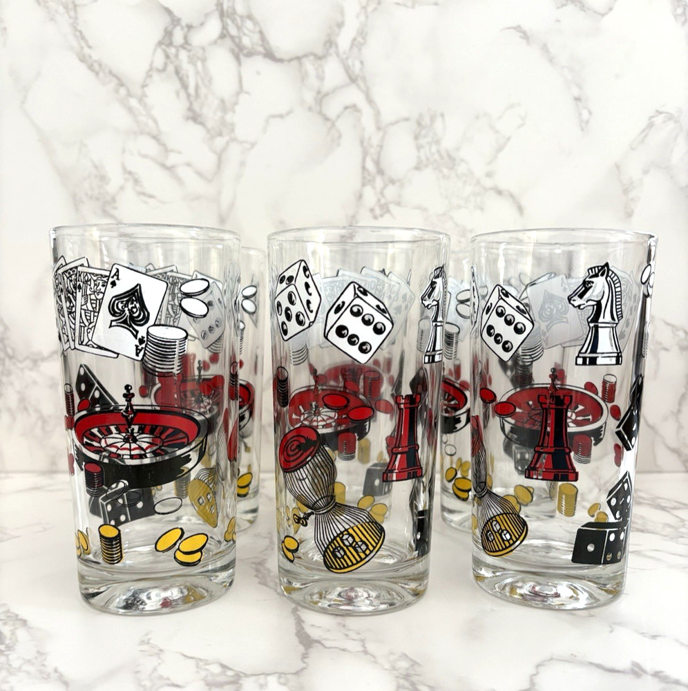 VTG Hazel Atlas Casino Gambling Theme Highball Tumblr Drinking Glasses Set Of 6