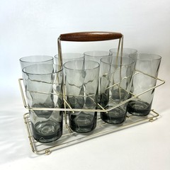 Vtg Federal Glass 9 pc Brass Caddy Beverage Set 8-12oz Smokey Grey Glasses MCM