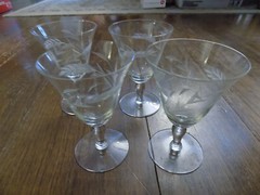 Vtg lot 4 Libbey Rock Sharpe Etched Sheaf of Wheat Stemware Goblets Water Wine